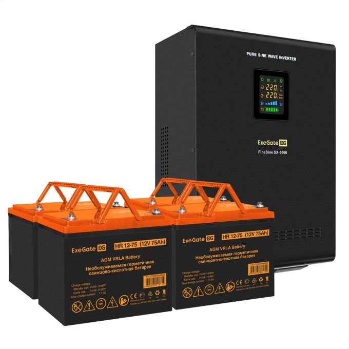 Комплект ИБП EXEGATE FINESINE SX-5000.LCD.AVR.2SH.T + батарея HR 12-75-М6 75Ач, 4шт EX301561RUS